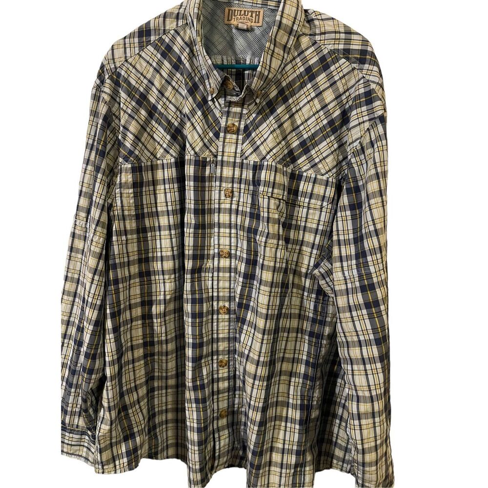 Duluth Trading Mens Blue Yellow Plaid Pocket Long Sleeve Button Up Shirt 2XL